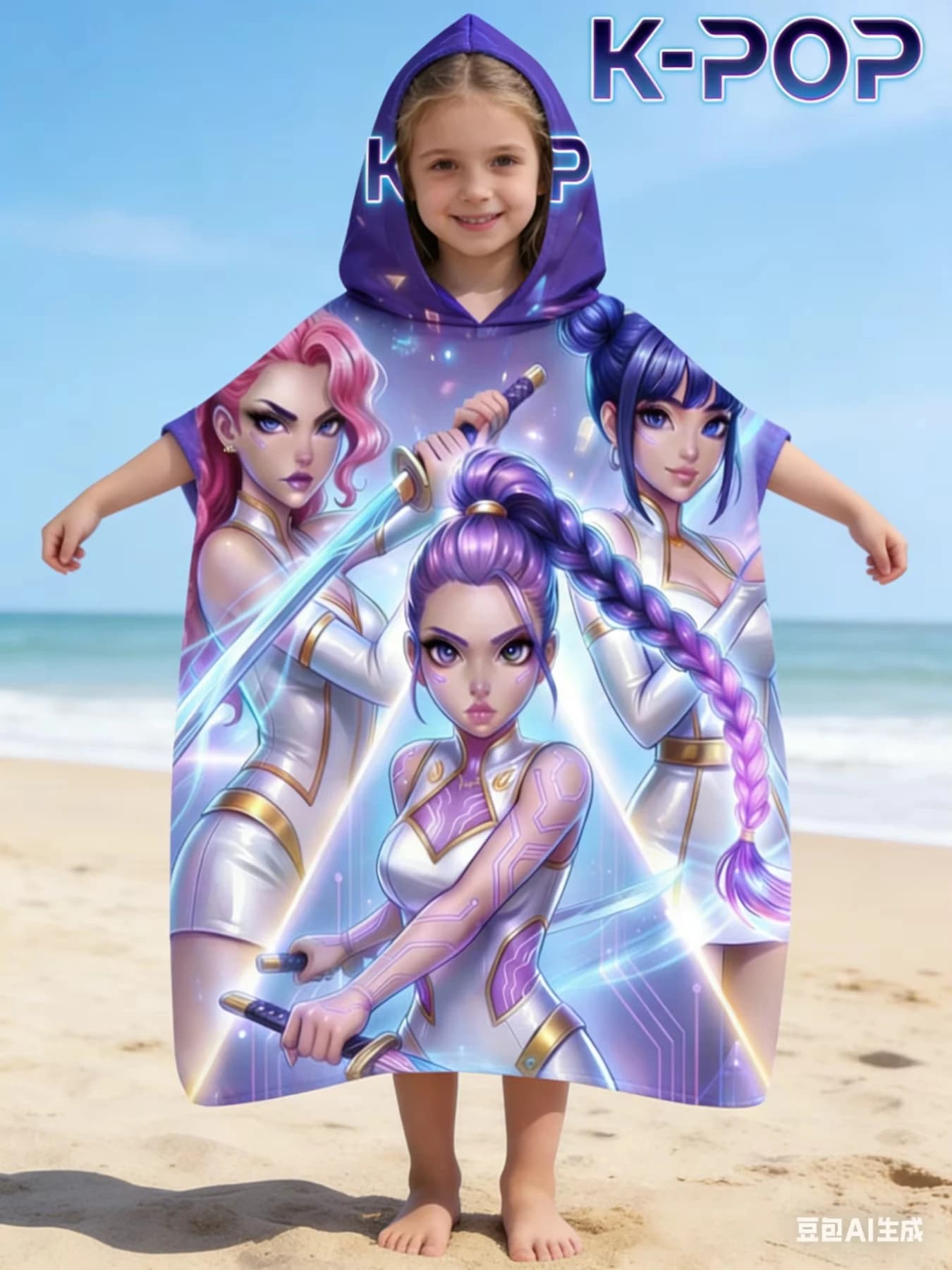 Asciugamano con Cappuccio K-Pop Ninja Girl, Stampa 2D su un Lato, in Microfibra ad Asciugatura Rapida, Poncho per Spiaggia, Piscina, Bagno, con un'Estetica Anime Cool