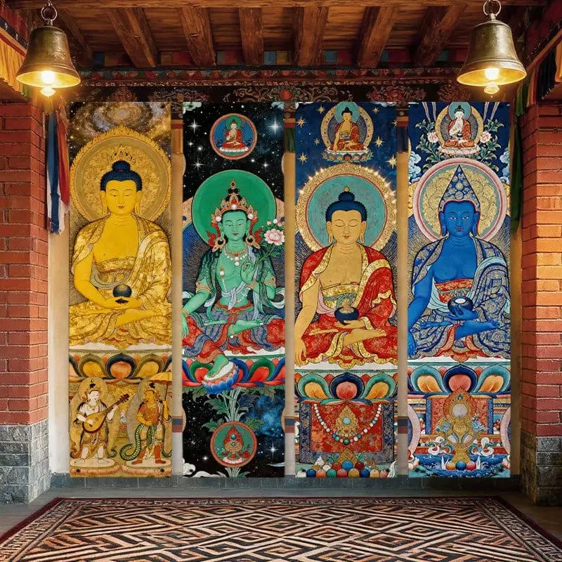 VIKAMA Tibetan Buddha Vertical Tapestry Gold Green Red Thangka Buddhist Portrait Wall Hanging Tall Wall Art Meditation