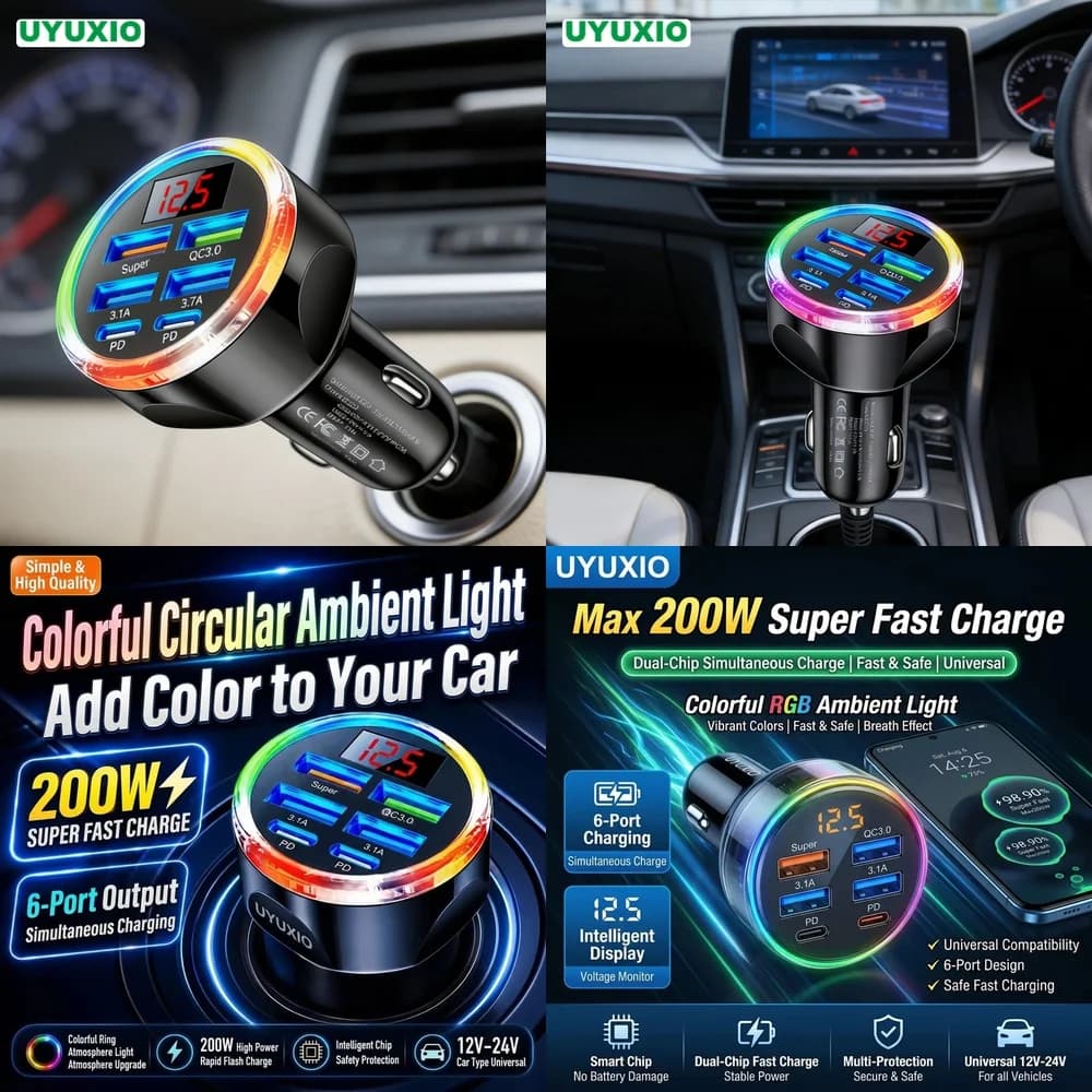 6 in 1 Multi USB Car Charger Plug New Products 2026 for iPhone 18 17 16 Samsung S26 S25 S24 with Digital Voltage Monitoring Hub