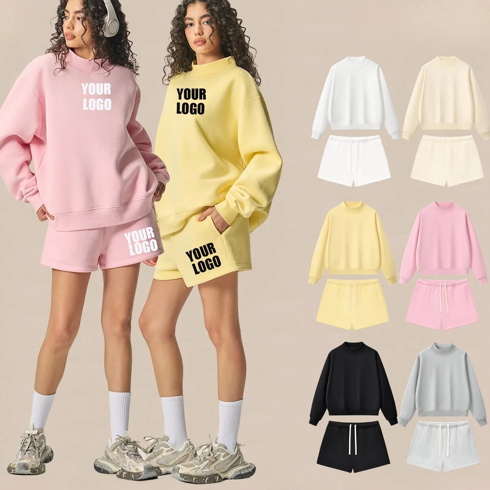 Custom LOGO Women's 350G Cotton Polyester Spice Girls Sweater Shorts Semi-turtleneck American Fleece Sweater Shorts Set