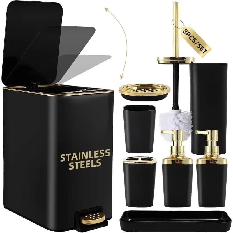 Set di accessori da bagno nordici da 8 pezzi nero e oro, con pattumiera in acciaio inossidabile