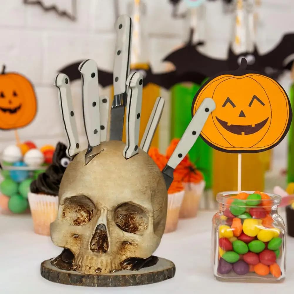 Portacoltelli a Forma di Teschio per Halloween, Supporto per Coltelli con Texture Ossea, Decorazione da Cucina in Acciaio Inossidabile
