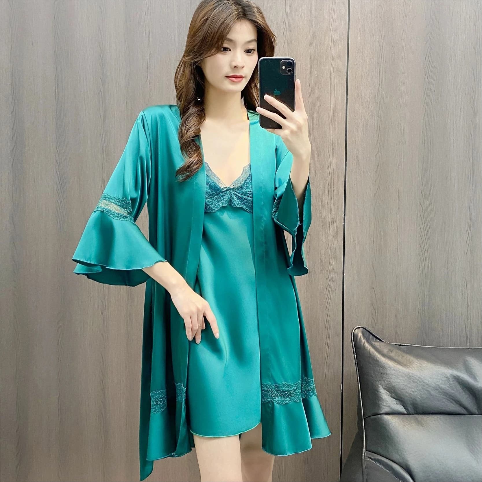 Set Vestaglia in Pizzo e Raso, Completo da Notte 2 Pezzi, Kimono Loungewear Estivo da Donna in Rayon, Abbigliamento da Casa