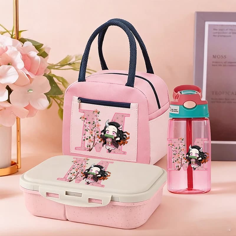 Set 3 Pezzi Demon Slayer: Bento Box + Borsa Pranzo + Borraccia - Kamado Nezuko Cartone Animato, Forniture Scolastiche per Studenti, Contenitore per Alimenti e Bevande