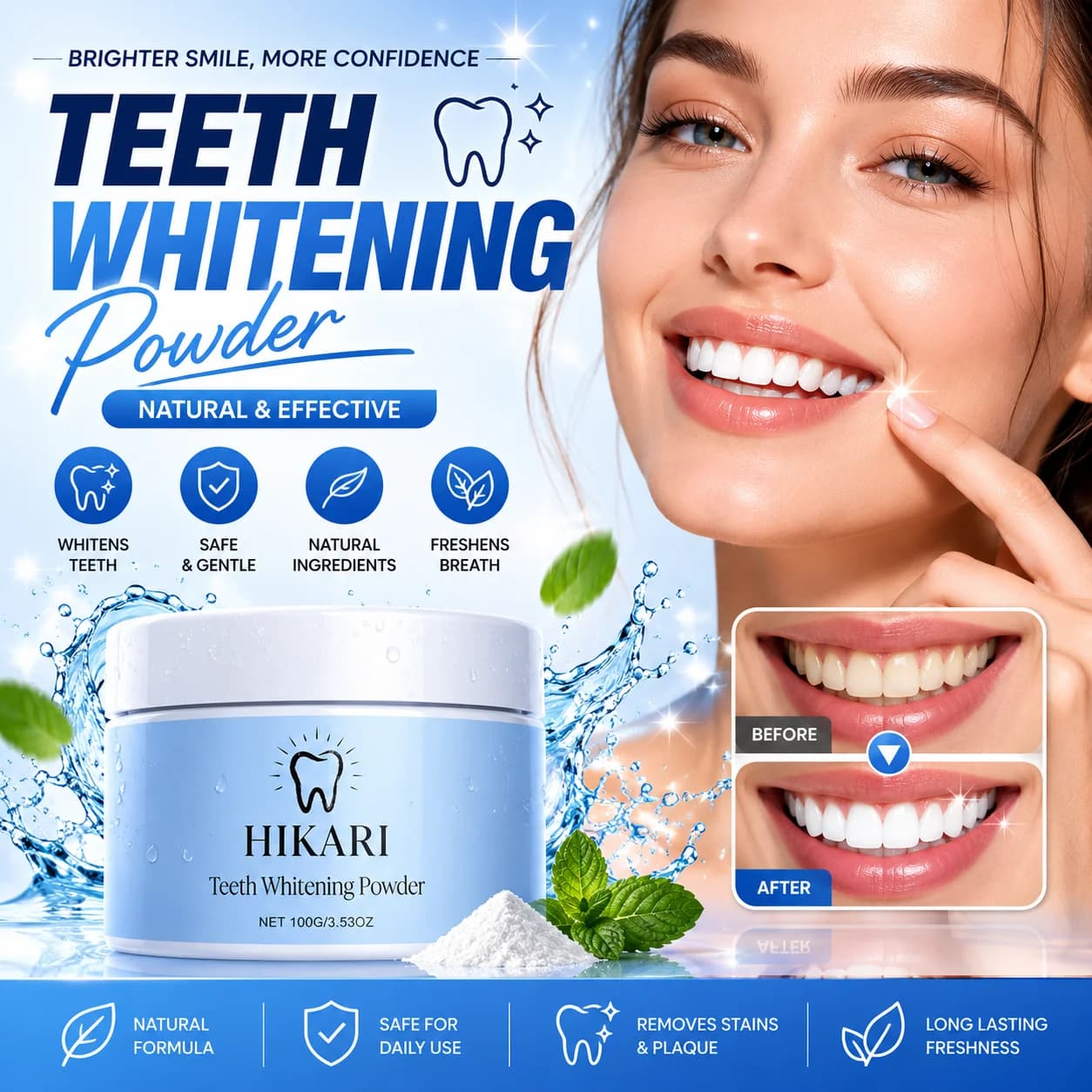 100g Natural Herbal Teeth Whitening Enamel Protection Sensitive Relief Fresh Breath 3 in 1 Daily Oral Care Formula Powder