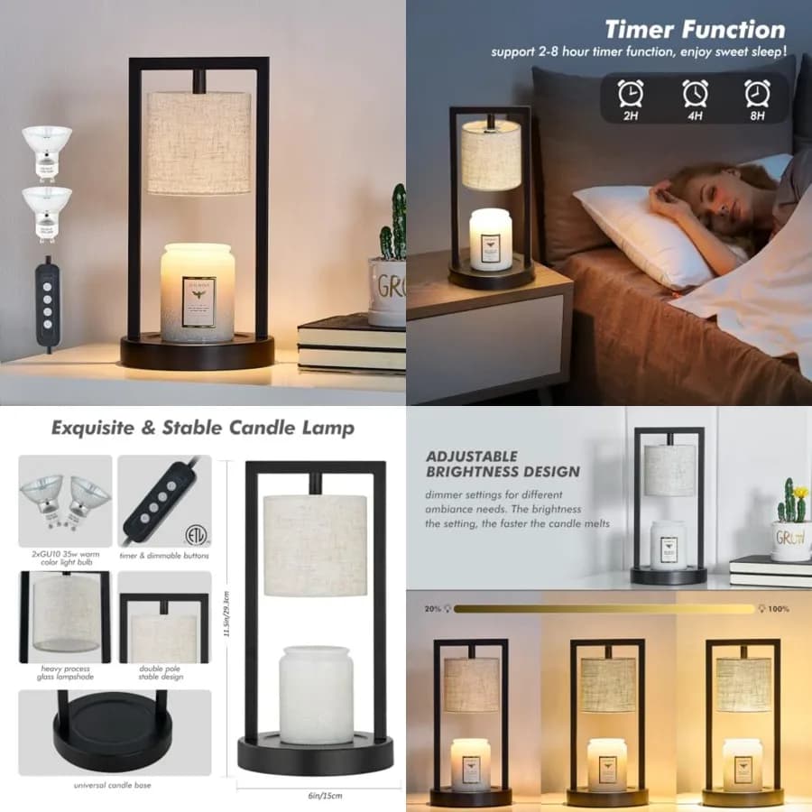 Lampada Scaldacera con Timer, Nera, Dimmerabile a 3 Livelli, per Cera Profumata, 50W Elettrica
