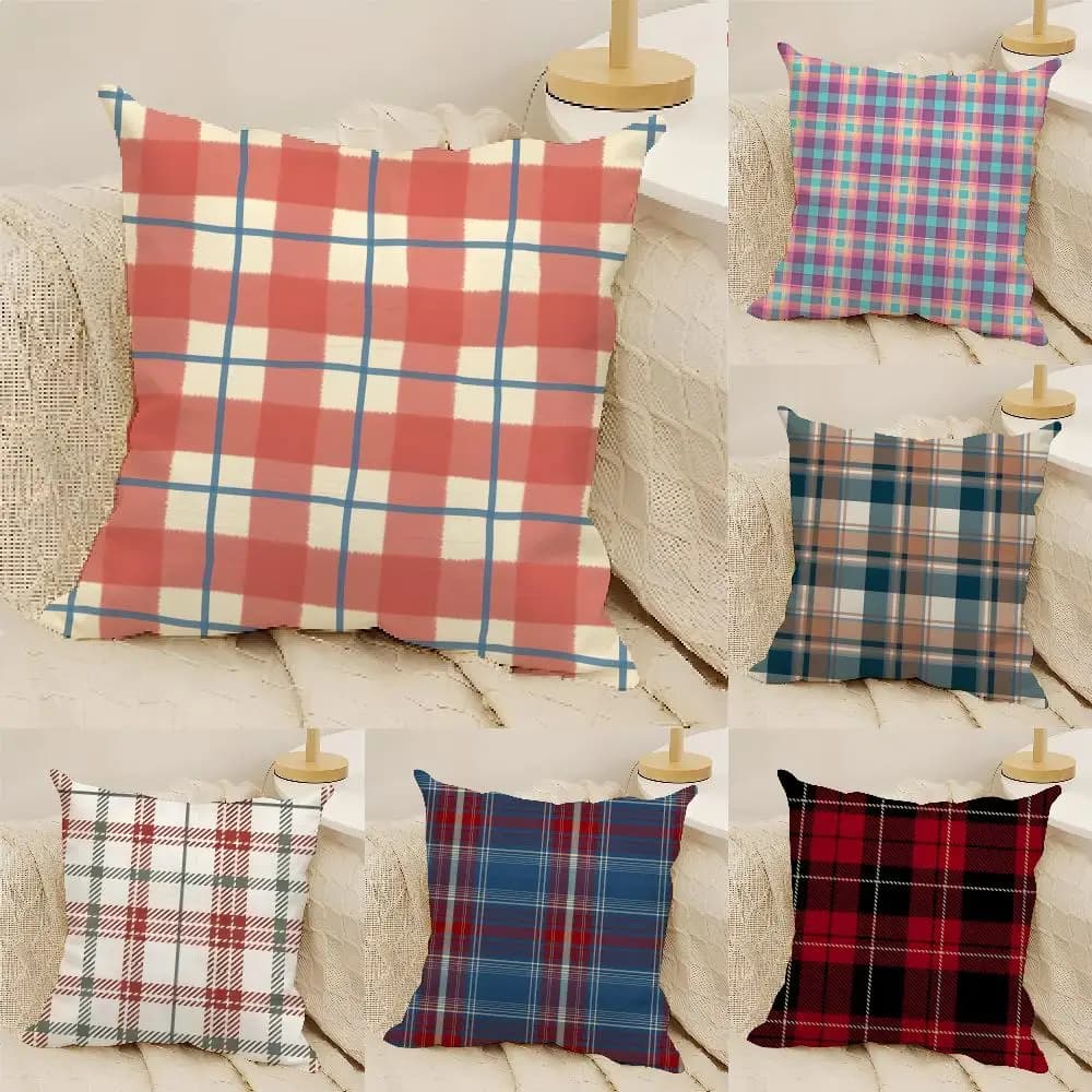 Tartan Gingham Plaid Cushion Cover Natural Linen Organic Fabric Double-Sided Printing Sofa Home Decor Gift Pillow Cover