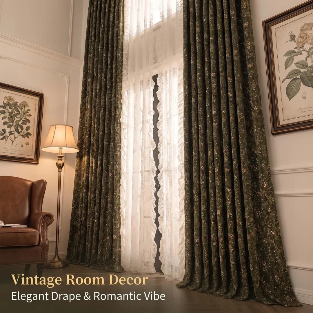 Retro full shading double-sided chenille green curtains living room bedroom American country sun screen curtain cloth