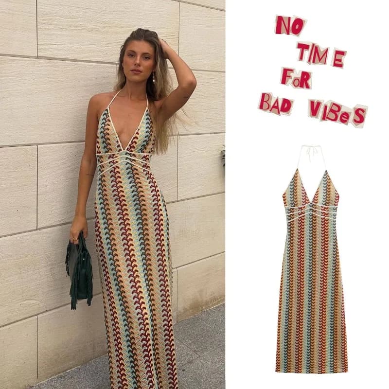 Sexy Fashion Multi-Color Halter V-Neck Dress Backless Dress Knit Party Dresses Cover Up Elegant Slim Maxi Vestidos Holiday Beach