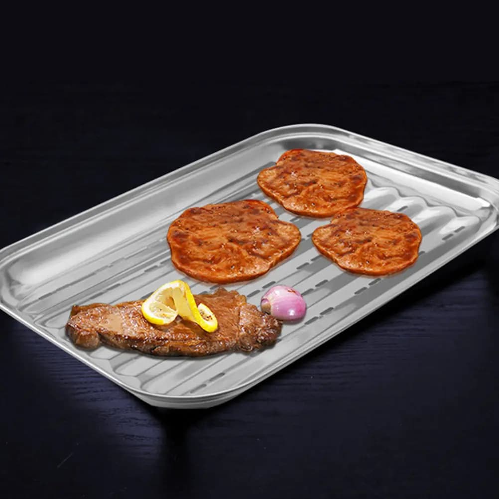 Food Grade Stainless Steel Barbecue Plate Grilling Tray Household Frying Pan Rust Proof Heat Resistant for Steaks Chicken Bacon