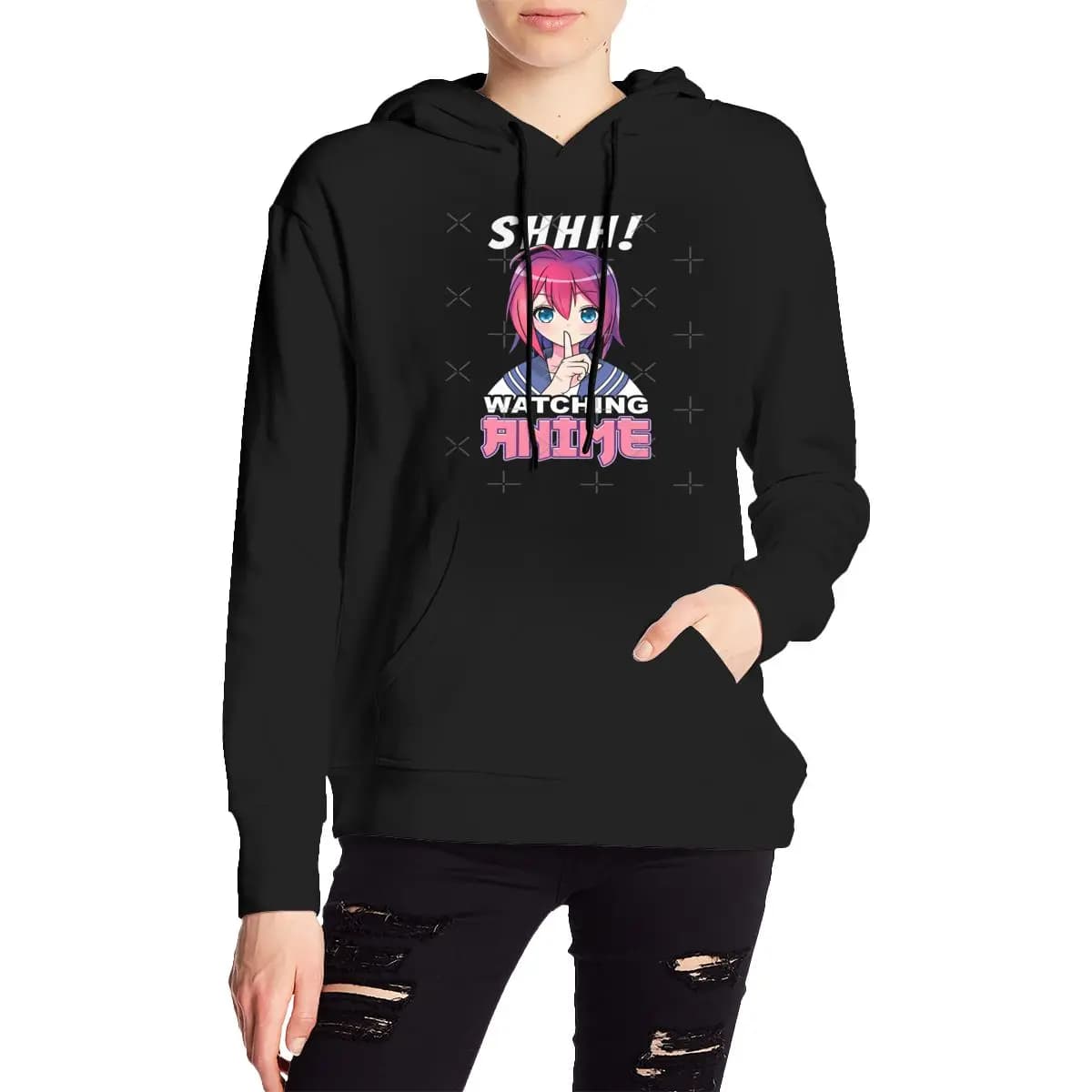 SHHH! Felpa casual da donna con stampa anime, anti-restringimento, look minimalista, felpa elasticizzata con cappuccio