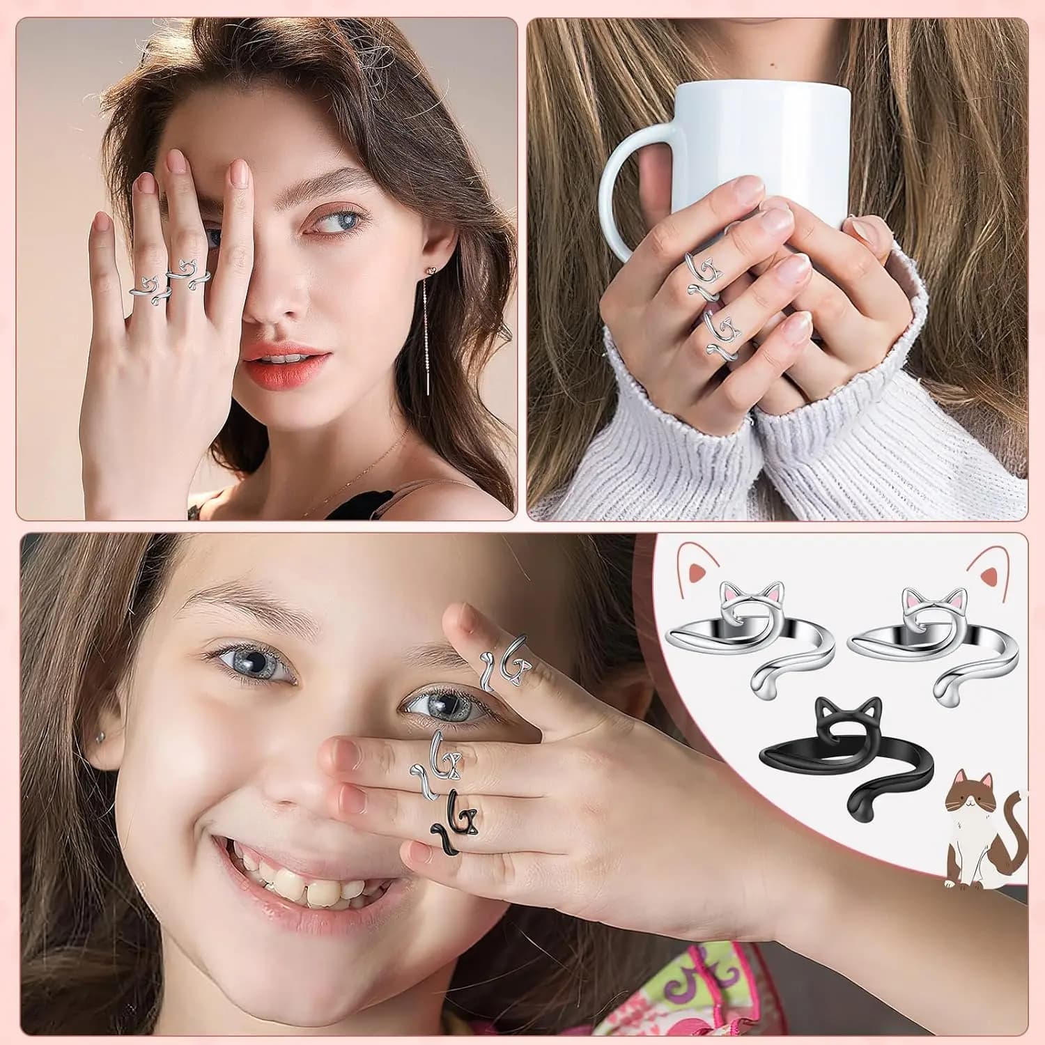 Adjustable Metal Crochet Rings with Cute Cat Ears 2PCS Yarn Guide Tension Rings for Faster Knitting Open Finger Hook for Beginners Knitting Accessories for Crafting Gift for Mothers Grandmas(Silver,black)