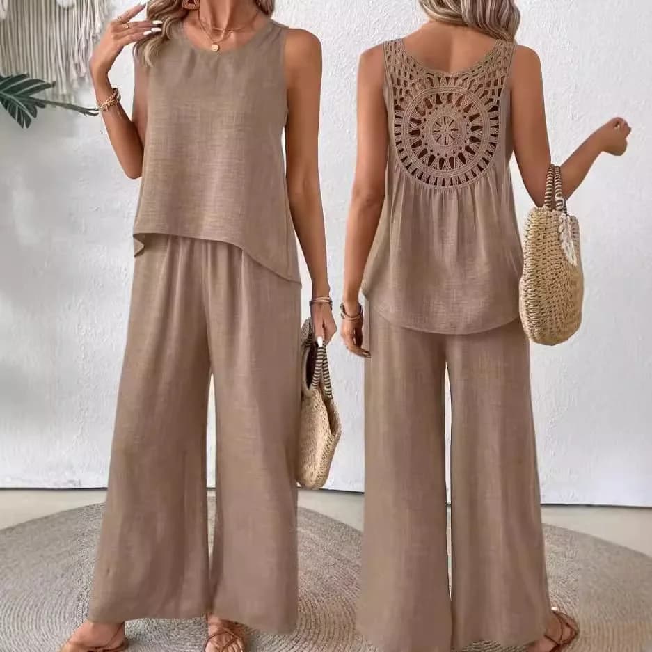 Women's Simple Dresses in Cotton and Linen Summer Fashion Wide Sleeveless Blouse Wide Leg Pants Women's Casual Dresses Set