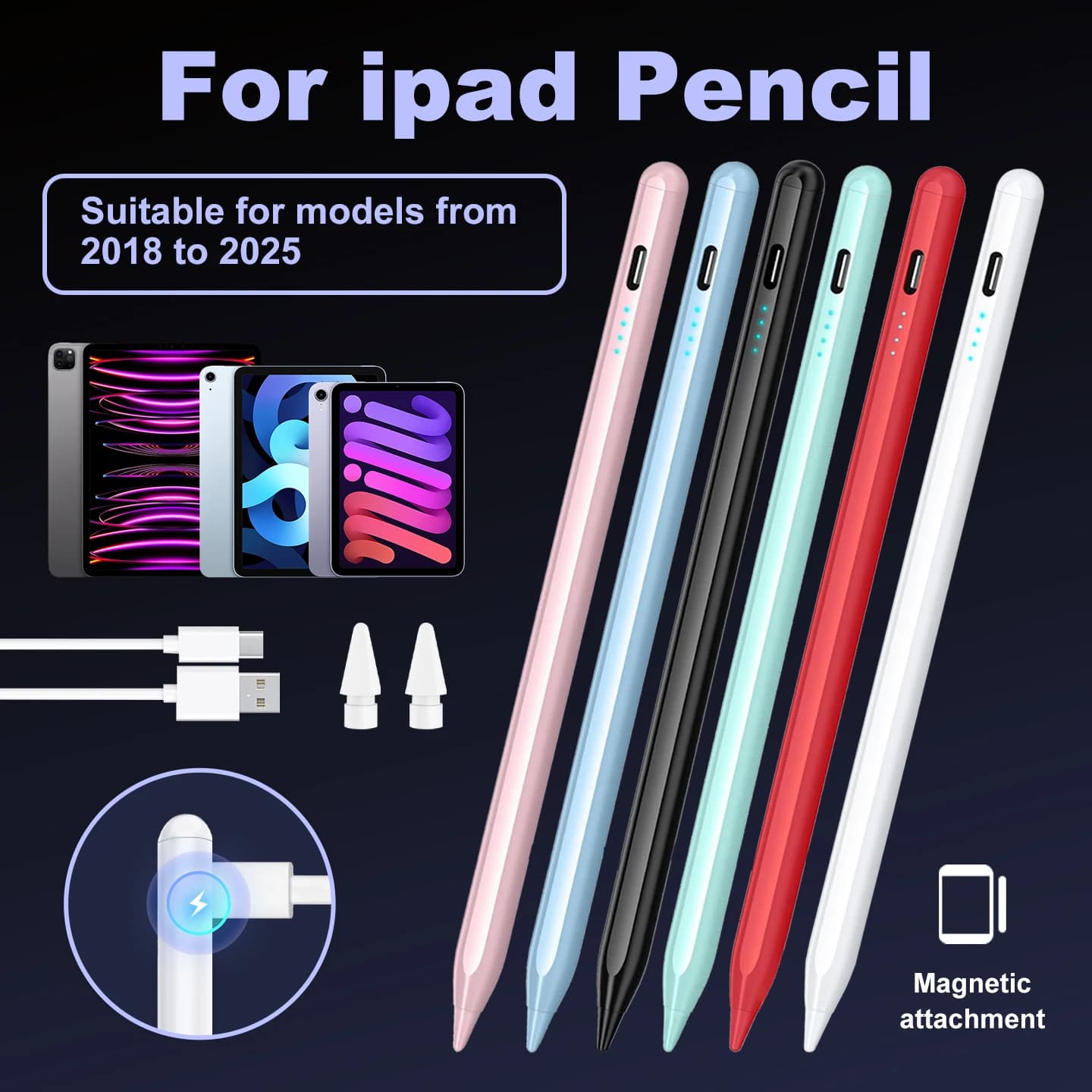 Penna Stylus per iPad Air/Mini/Pro 2018+, Rilevamento del Palmo, Ricarica Rapida, Batteria a Lunga Durata, Adsorbimento Magnetico Laterale.