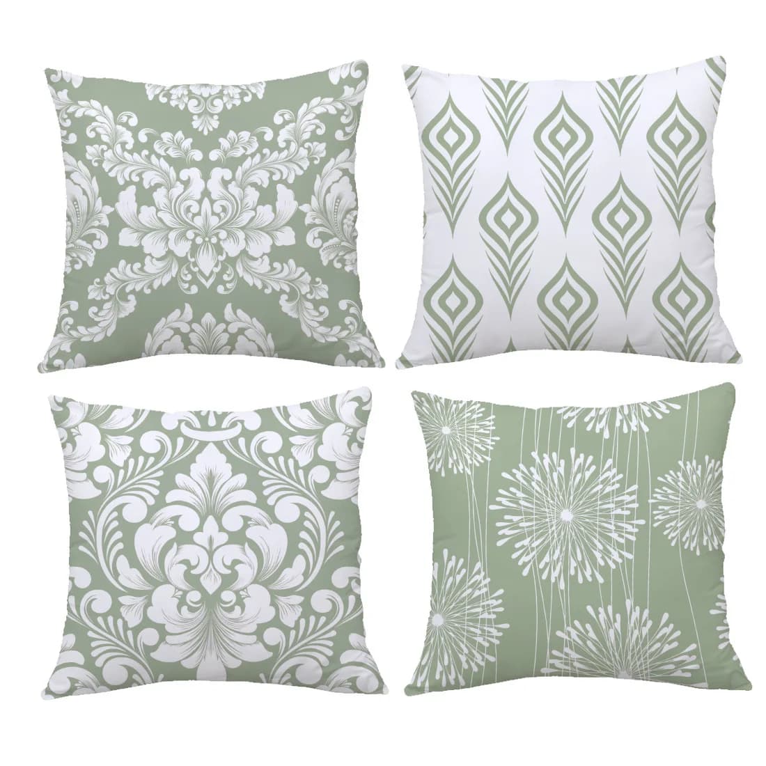Set di 4 Federe - Motivo Floreale Fresco Bianco e Verde, Copricuscini Decorativi per Soggiorno, Divano e Camera da Letto