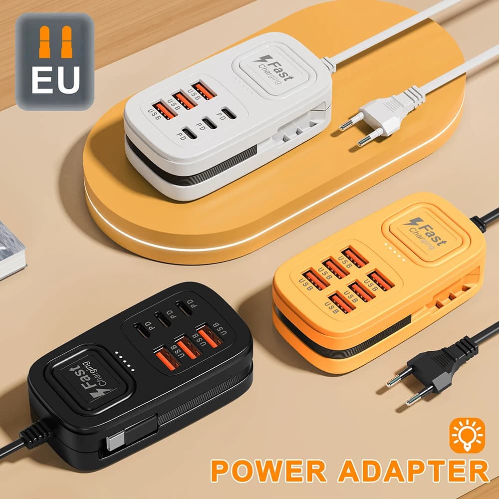 6 in 1 Desktop Charging Station USB Fast Charger Power Strip Type C Multifunctional Charging Adapter EU US UK Plug Charge Socket