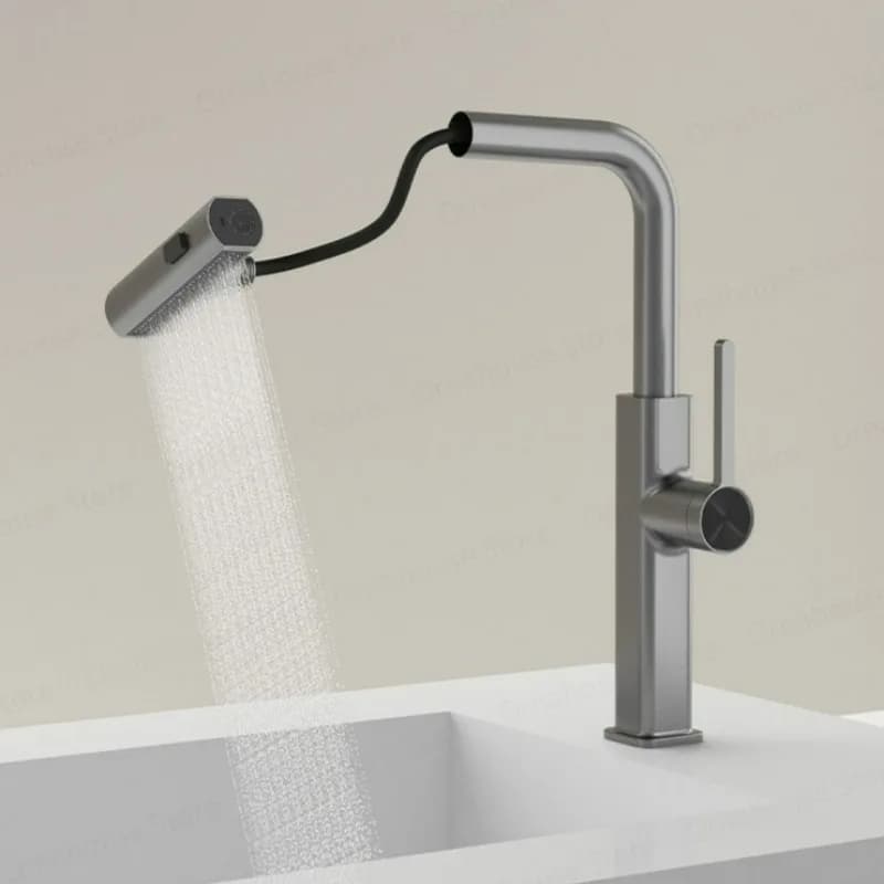 Rubinetto di moda Cascata in ottone Raindance Lavello da cucina Estraibile Spruzzatore a flusso Miscelatore con beccuccio di rotazione dell'acqua calda fredda Rubinetto di lavaggio