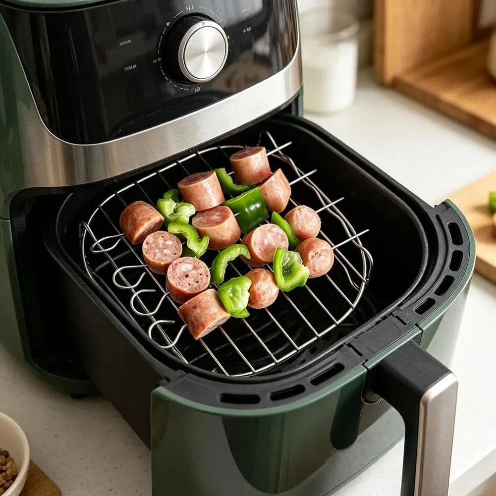 Griglia Quadrata per Friggitrice ad Aria in Acciaio Inox, con 4 Spiedini per Barbecue, Accessori per Friggitrice ad Aria, Griglia di Cottura, Cucina