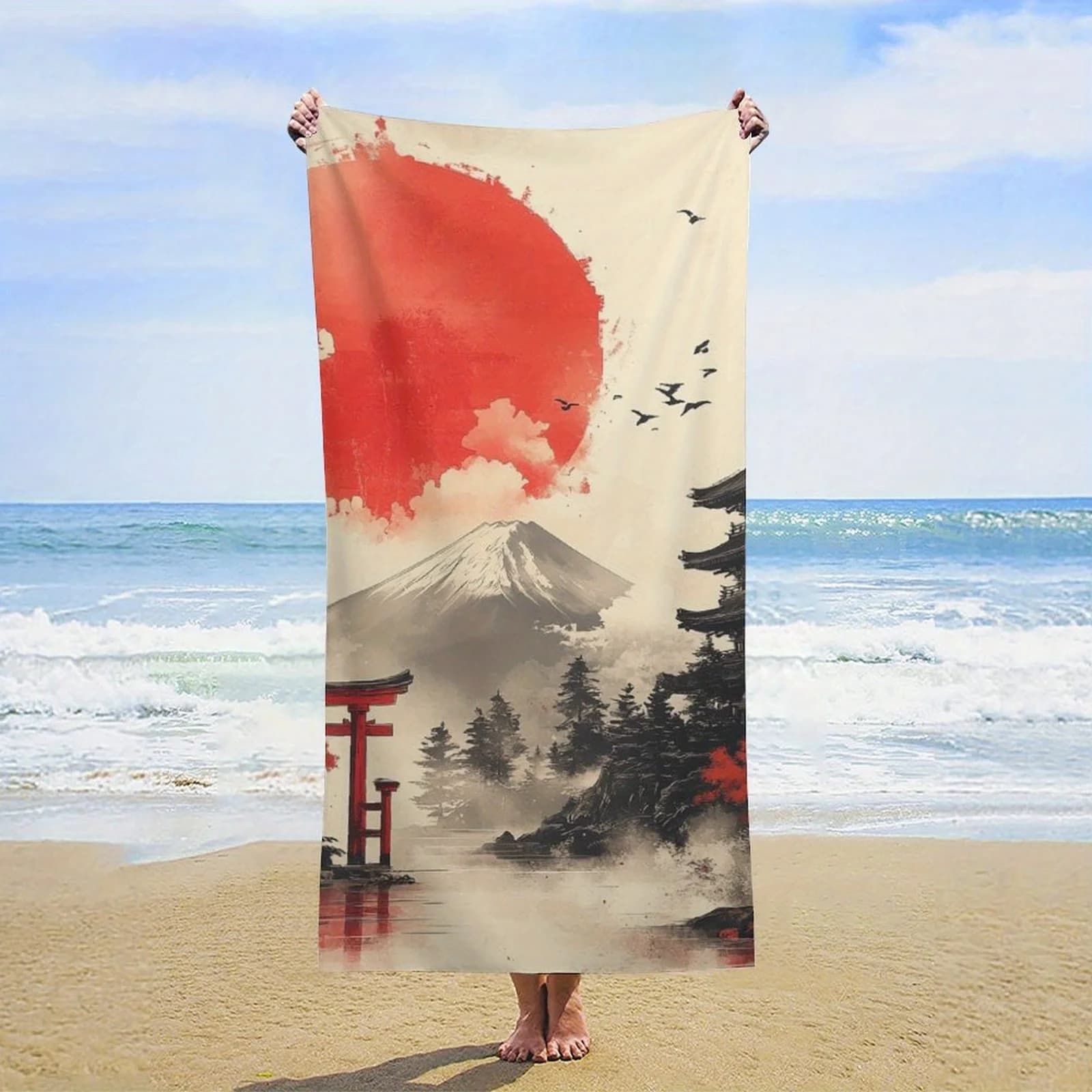 Asciugamano da bagno con motivo a scena di tempio orientale, realizzato in poliestere, lavabile in lavatrice, adatto per viaggi, piscina e spiaggia.