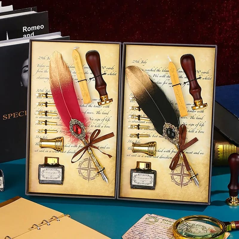 Creative Feather Dip Pen Ink Set Wax Sealing Stamp Kit Calligraphy Pen Letter Writer Pen Handwriting Fountain Pens with Gift Box