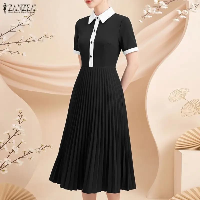 Elegante Abito da Lavoro OL da Donna 2026 ZANZEA, Vestito Estivo a Trapezio Midi con Collo a Risvolto, Maniche Corte e Pieghe, Abito da Ufficio