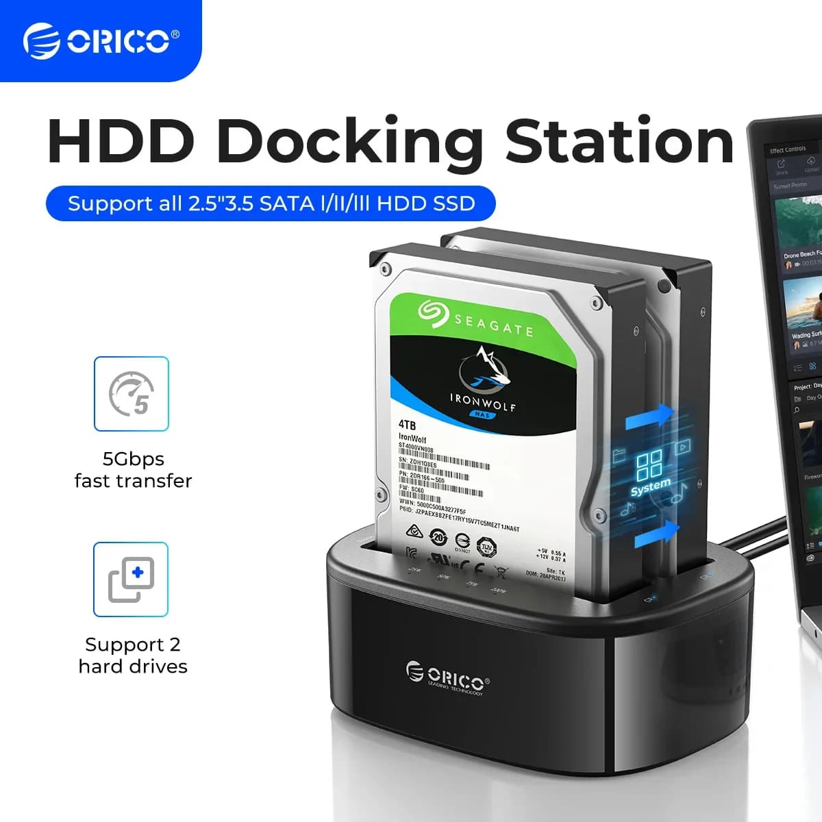 ORICO Dual Bay HDD Docking Station USB 3.0 USB C for 2.5/3.5 Inch SATA Hard Drives Tool-Free for PC with 12V/3A Power Adapter
