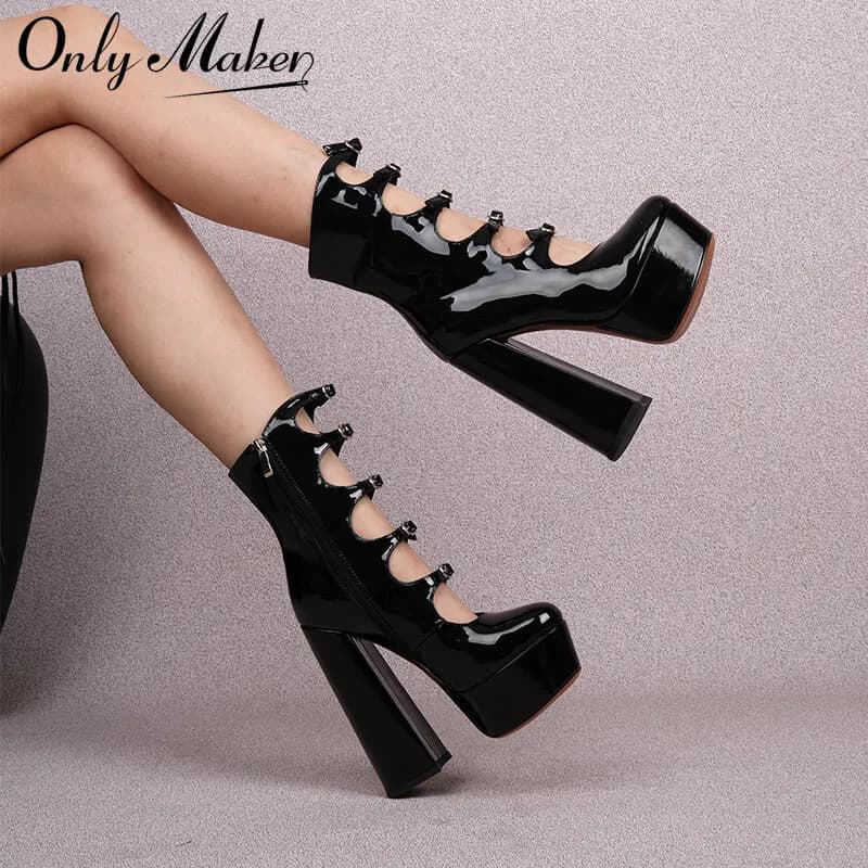 Onlymaker Women Round Toe PlatformPumps Chunky Square Heels Ankle Wrap Party Buckle Strap Shoes