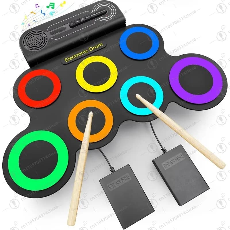Kit di pad per batteria elettronica portatile - Set di batteria avvolgibile a 2 pedali con altoparlante incorporato per la pratica di casa e sul palco
