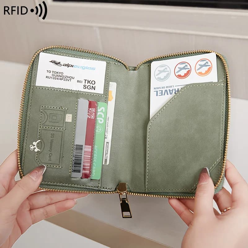 Borsa con cerniera per passaporto antimagnetico RFID corta in pelle PU impermeabile, borsa per documenti multifunzionale anti-perdita da viaggio