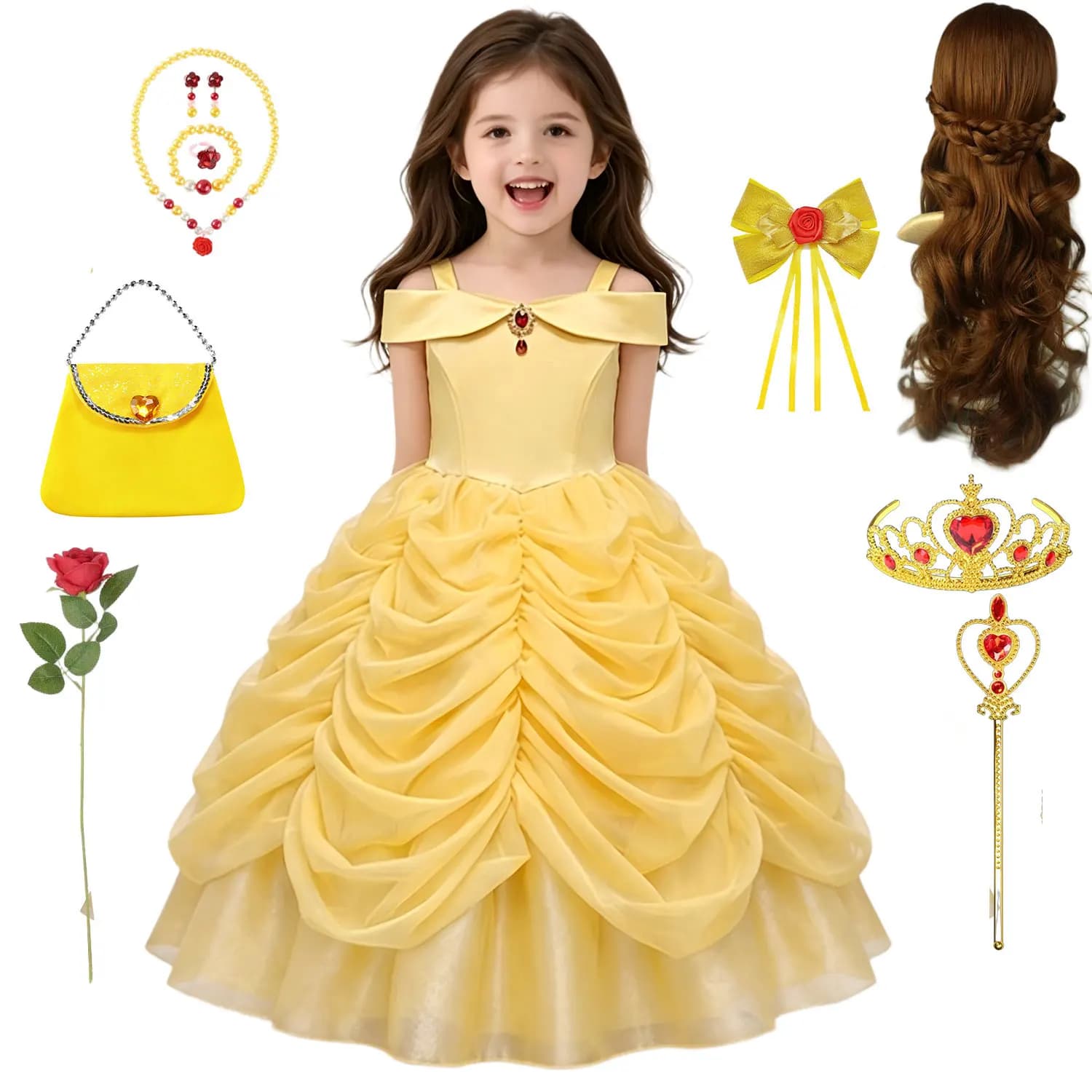 Girls Luxury Yellow Off Shoulder Princess Dress Ruby Accents Belle Cosplay Costume Birthday Party Elegant Ruched Tulle Ball Gown