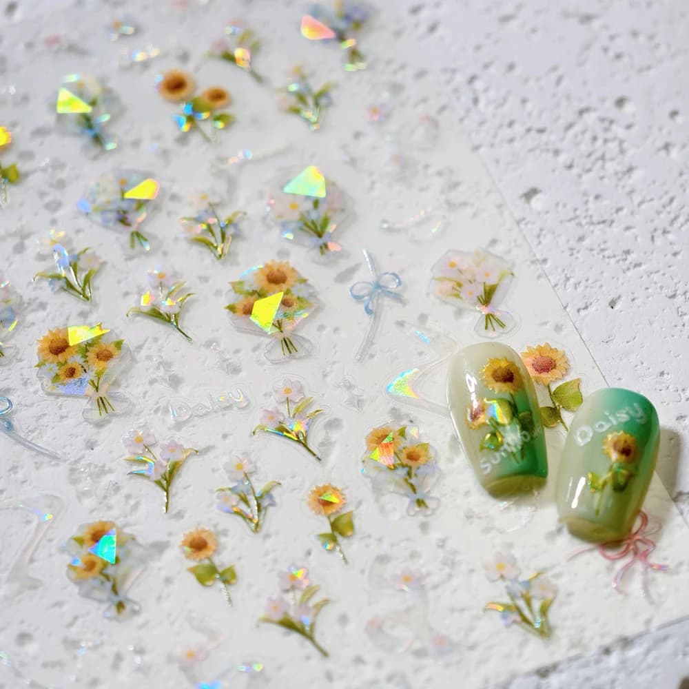 Girasoli Margherita Fiore Scintillante Sfumato Bouquet Archi 5D Nail Art Sticker Petalo floreale Bowknots Autoadesivo Decalcomania per manicure