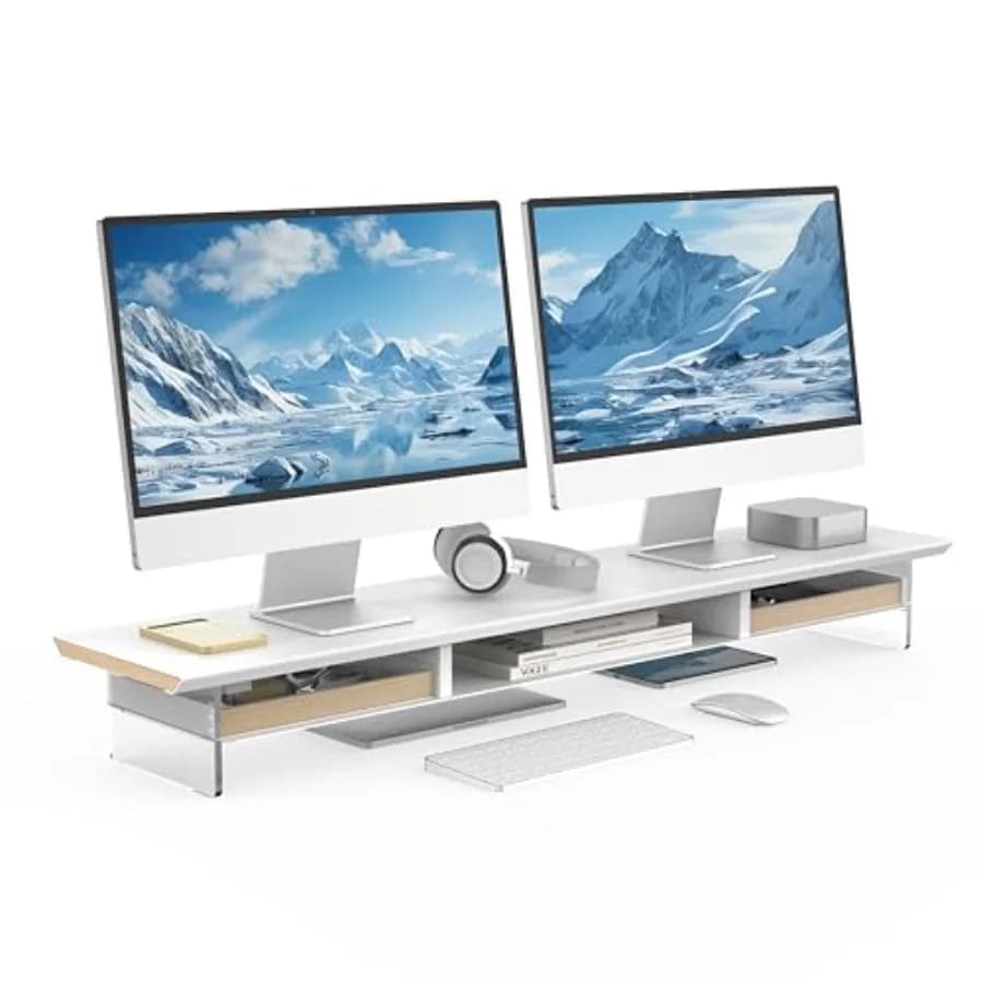 Supporto per 2 Monitor 42.5 Pollici con 2 Cassetti, Rialzo per Monitor in Metallo e Legno con Gambe in Acrilico, Organizzatore da Scrivania a 2 Livelli