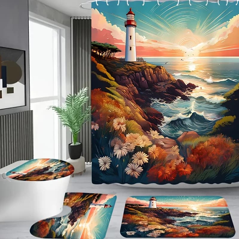 4 pezzi, bellissimo tramonto a Haiya set di tende da doccia con motivo faro per appartamento, bagno e hotel con 12 ganci, inclusi