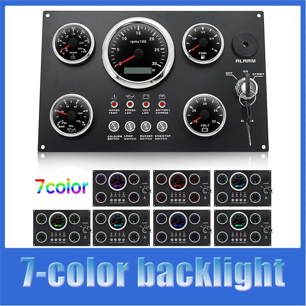 Boat Dashboard 5 Gauge Set 12v Switch Panel with 85mm Tachometer 3000rpm-8000rpm+Voltmeter Fuel Oil Press Water Level Gauge