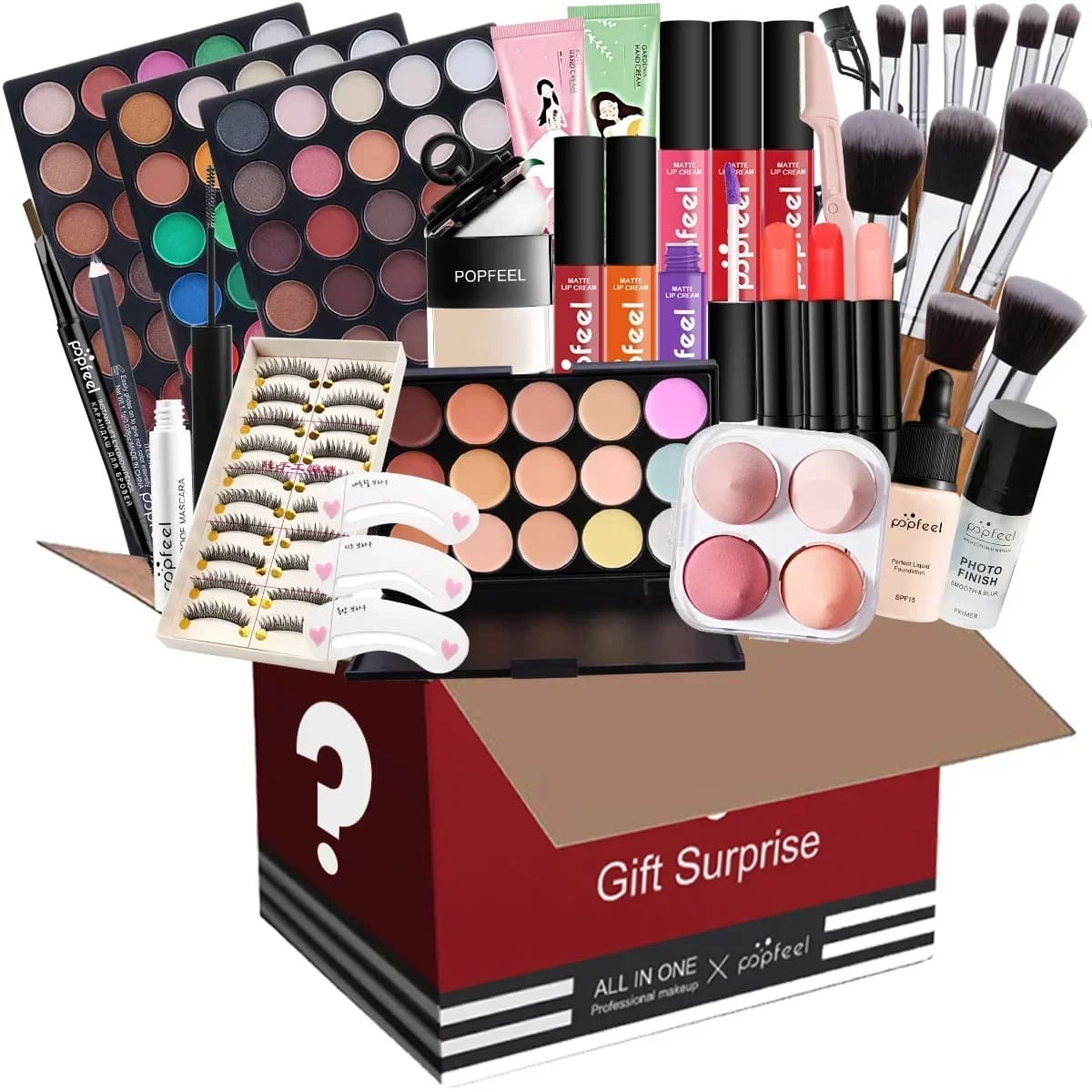 POPFEEL Kit trucco tutto in uno Set regalo con tavolozza di ombretti Fondotinta Lucidalabbra Pennelli per fard Eyeliner e altri regali di bellezza