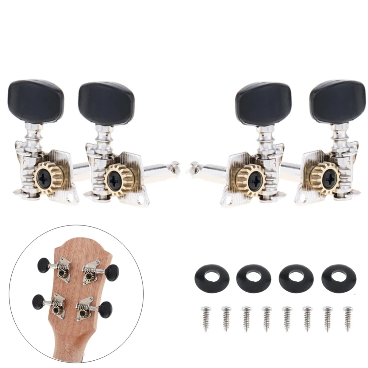 4 pezzi piroli per ukulele neri accordatori per meccaniche in acciaio 2R + 2L per ukulele da 21 / 23 / 26 pollici