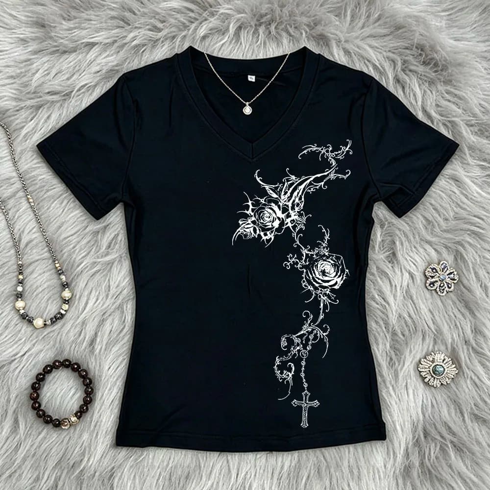 T-shirt con stampa in stile Y2K Dark Retro Subculture, ispirata alla moda europea e americana, per ragazze piccanti, estiva, a maniche corte, slim fit, casual, streetwear.