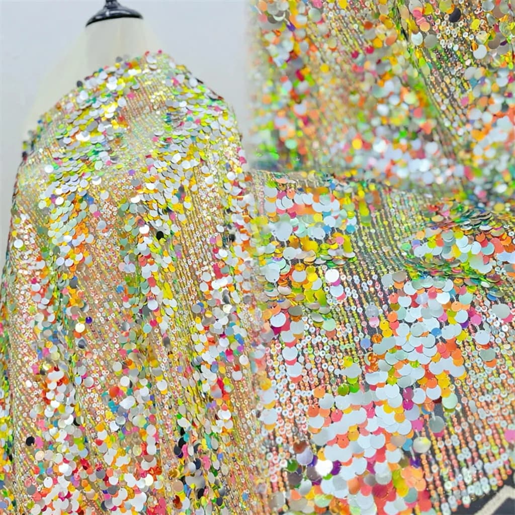 1Yds 130cm Wide 18mm Colorful Fish Scale Sequin Embroidery Material for Dresses Bridal Gowns Show Costume Sequin Fabric F072
