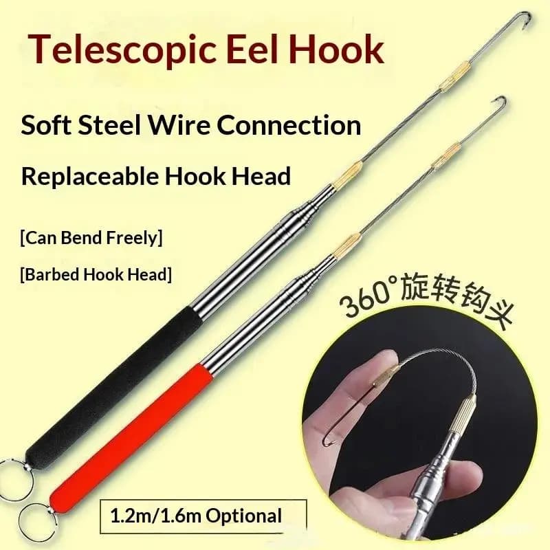 1PC 360 Degree Rotation Barbed Thread Long Fish Hook Telescopic Pole Eel Hook Thread Stainless Steel Handle Ricefield Eel Hook
