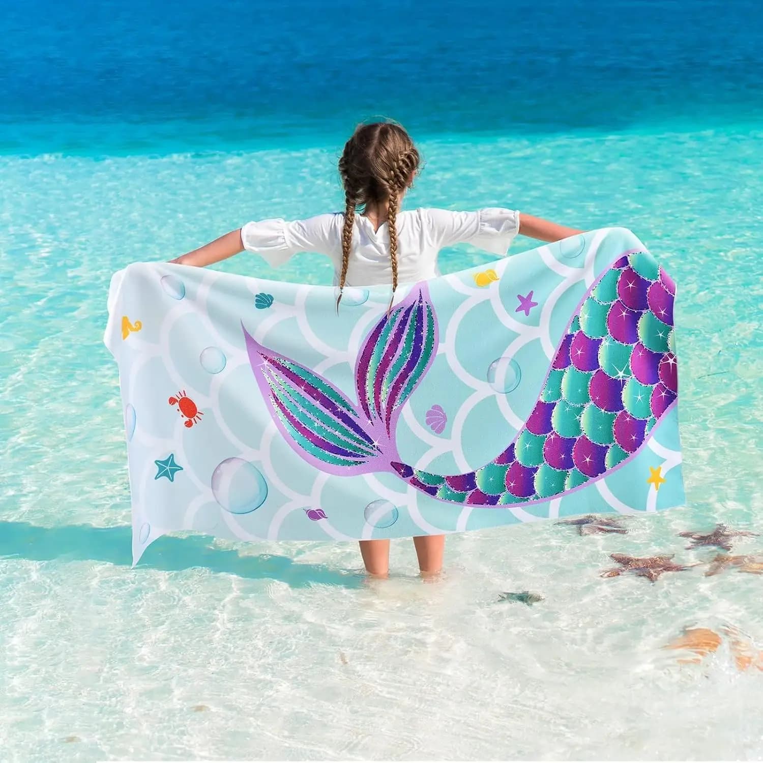 Magic Mermaid Beach Towel for Girls, Colorful Ocean Princess Art Quick-Dry Sand-Free Microfiber Bath Towel for Pool and Travel