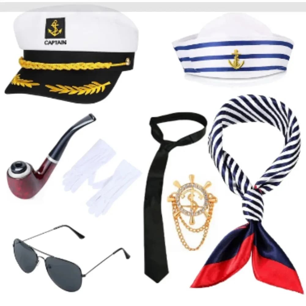Accessori per vestire Berretto blu scuro Sciarpa Cravatta Occhiali da sole Portasigarette Catena assel Timone Spilla Sailor Navy Set di otto