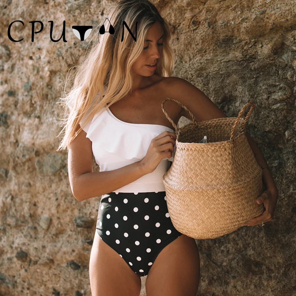 2025 Set bikini monospalla con volant a vita alta Costume da bagno biquini brasiliano vintage per ragazze Costume da bagno intero da spiaggia