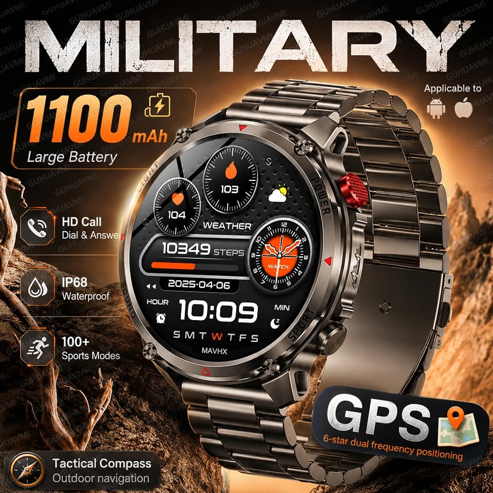 2026 New Military 1100mAh Battery Smart Watch GPS Compass Flashlight IP68 Waterproof Bluetooth Call Outdoor Sport Smartwatch Men