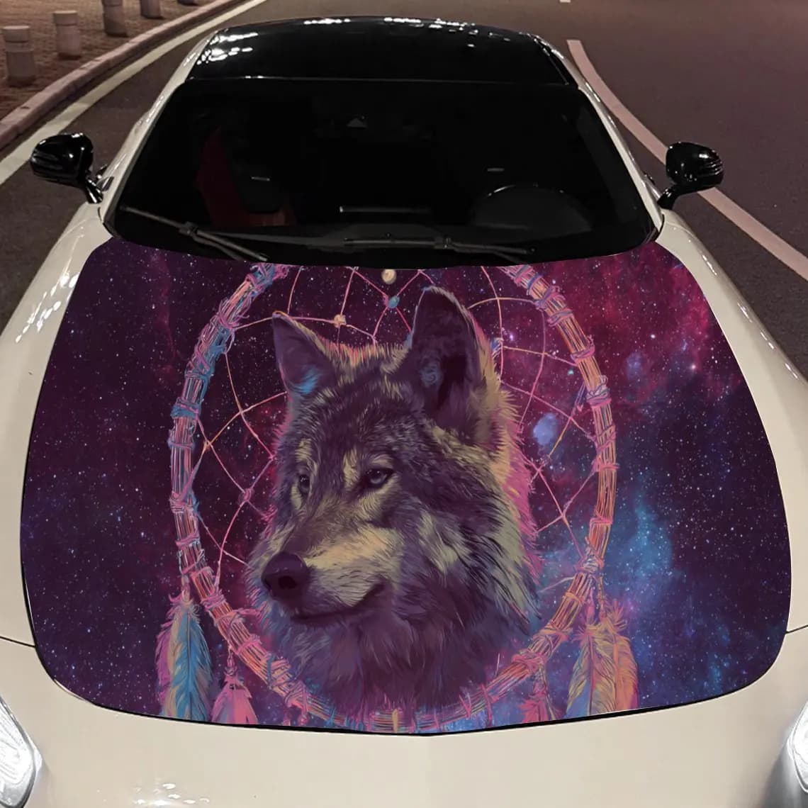Wolves and Dream-catchers Under a Pink Starry Sky Car Hood Vinyl Stickers Car Surface Protection Decal Car Decoration Cover Viny