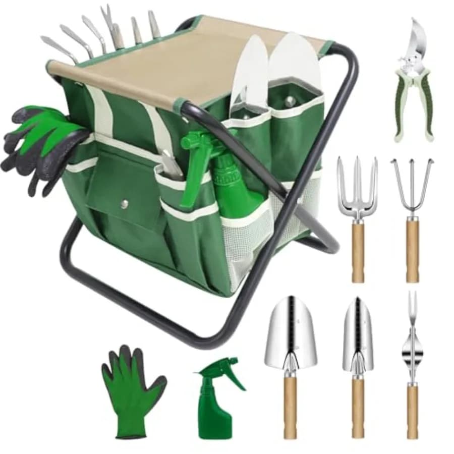 Set di Attrezzi da Giardino 10 Pezzi con Sgabello Pieghevole Resistente, Borsa Portaoggetti Staccabile, Utensili in Acciaio Inossidabile, Regalo per Donne e Uomini