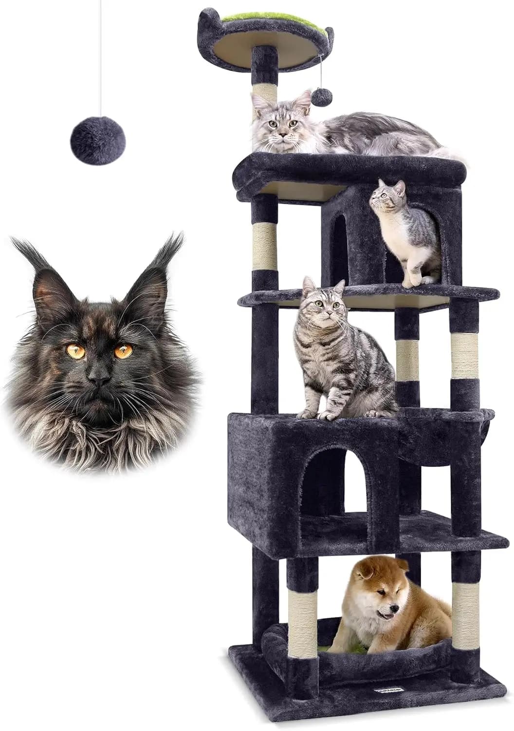 Tiragraffi Robusto per Gatti Grandi, Torre Resistente da 183 cm con 6 Poste Graffio, Amaca, Grigio Scuro