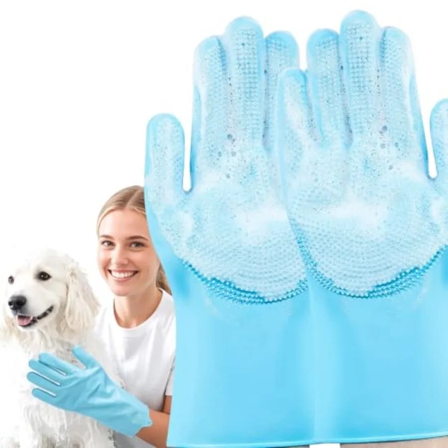 Guanti per toelettatura animali domestici, guanti per lavaggio cani con denti in silicone, spazzola shampoo per bagno cani, design a cinque dita resistente al calore per il bagno