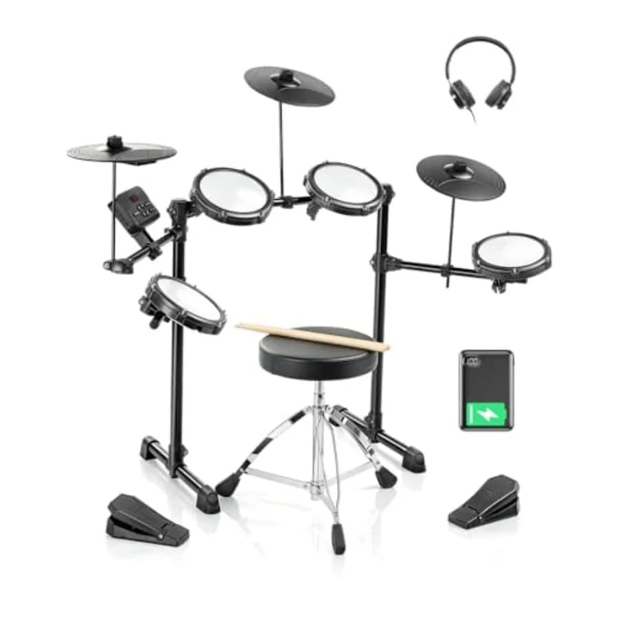 Electric Drum Set, Electronic Drum Set with Type-C Charging, USB MIDI, Quiet Mesh Pads, Premium Cymbals, Pedals, Adjustable Thr