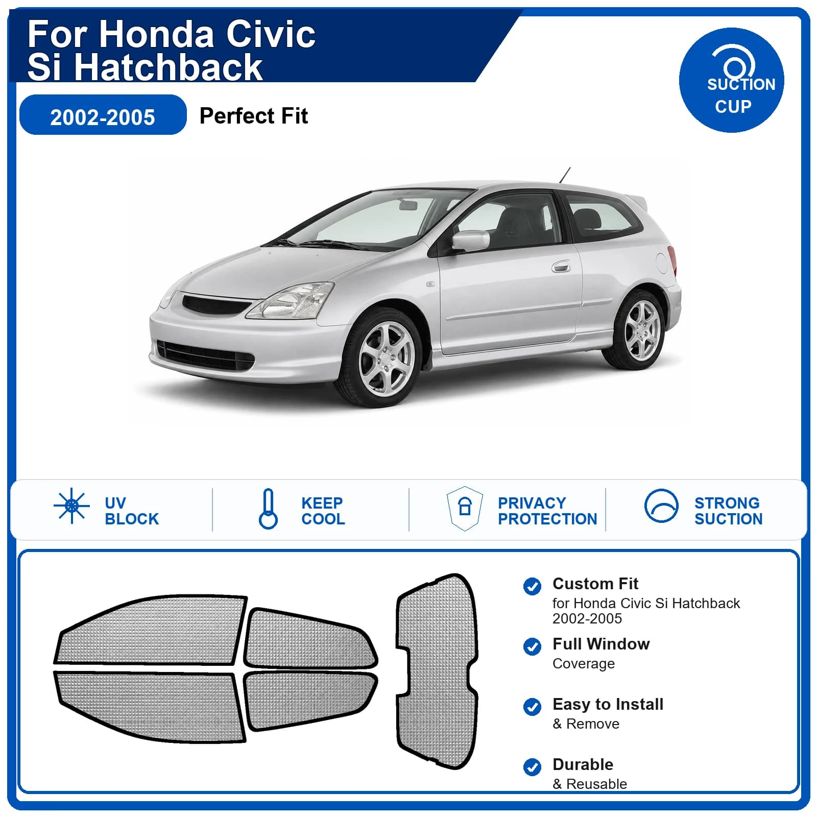 For Honda Civic Si Hatchback 2002-2005 Custom Full Set Windshield Sun Shade Aluminum Foil Heat Insulation Anti UV Foldable