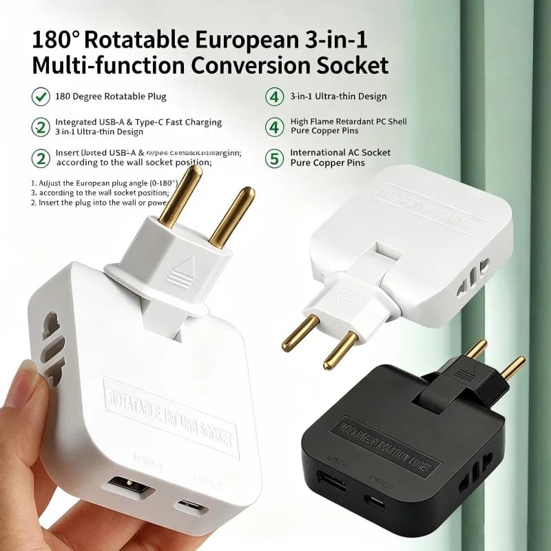 180° Foldable 4 In 1 EU Plug Adapter, Power Converter Socket With USB And Type-C Port